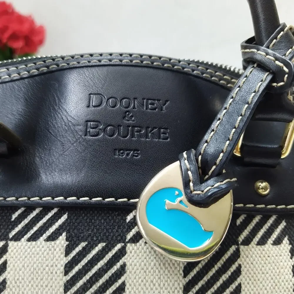 Dooney & Bourke Black White Checker Canvas Leather Trim Top Handle Satchel Bag